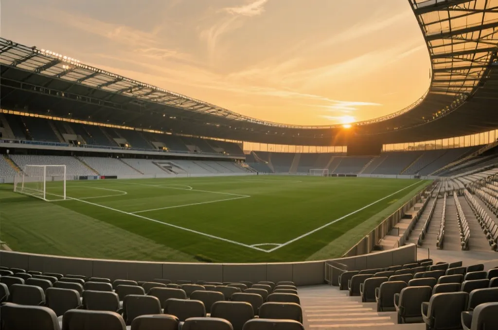 A beautiful empty soccer stadium at sunset with soft golden light